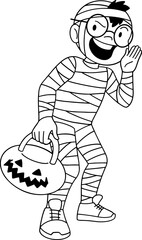 Cute boy wearing mummy costume character outline, coloring page