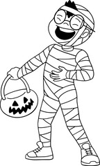 Cute boy wearing mummy costume character outline, coloring page