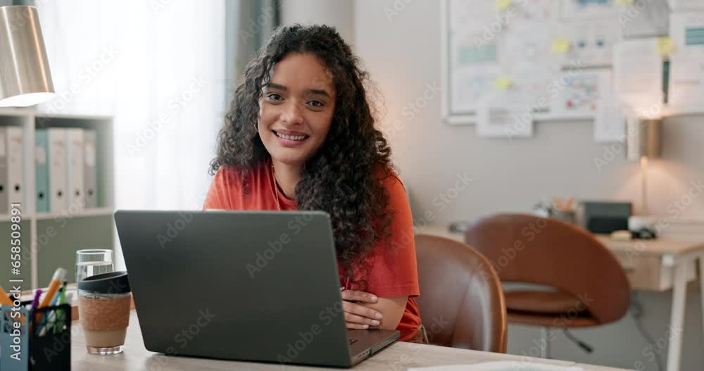 Poster laptop, design and creative with a woman in a small business office working on an artistic project. 