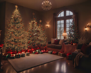 Main living room inside a house with elegant Christmas decorations everywhere, a Christmas tree with spheres, gifts, lights, candles and red armchairs at night in December.	