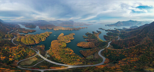Panorama view of beautiful mountains in autumn at Chungju Lake, South Korea. - obrazy, fototapety, plakaty