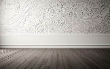 White empty wall with abstract wavy lines armament and wooden floor. Classic moldings and frame. Minimalist interior background presentation. - obrazy, fototapety, plakaty