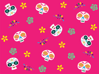 かわいいメキシコの骸骨とお花の背景・壁紙