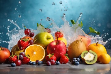 Obraz na płótnie Canvas Fresh citrus fruits splashing water on white background summer refreshment concept