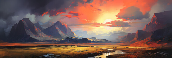Fields and mountains. Panoramic view. Digital art.