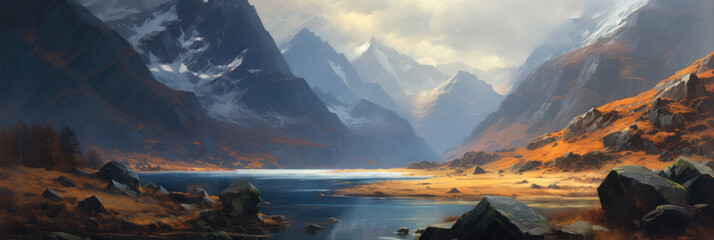 Lake, forest and mountains. Panoramic view. Digital art.