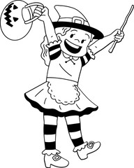 Cute little witch cartoon character outline, coloring page