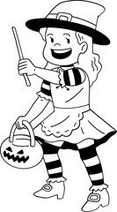 Cute little witch cartoon character outline, coloring page