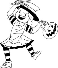 Cute little witch cartoon character outline, coloring page