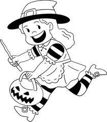 Cute little witch cartoon character outline, coloring page