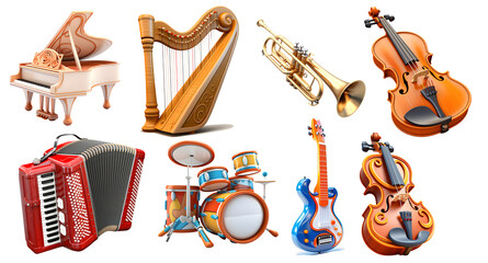 set of 3d instruments, PNG on isolated transparent background, generated ai - obrazy, fototapety, plakaty