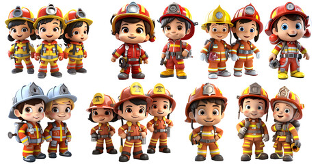 set of cute firefighters 3d, png on transparent isolated Background, generated ai