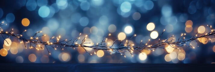 Christmas garland bokeh lights radiating a magical glow against a midnight blue background, generative AI