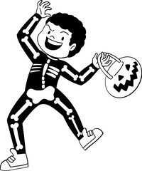 Boy wearing skeleton costume character outline, coloring page