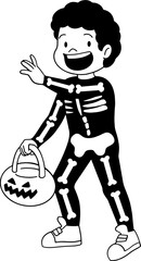 Boy wearing skeleton costume character outline, coloring page
