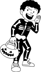 Boy wearing skeleton costume character outline, coloring page