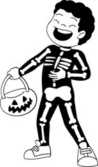 Boy wearing skeleton costume character outline, coloring page