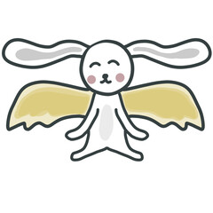 A cute white rabbit with long ears and a smiling face has yellow angel wings with minimalist style