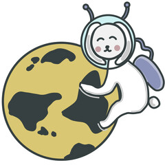  A cute white rabbit with long ears and a smiling face wearing an astronaut suit is hugging the yellow moon