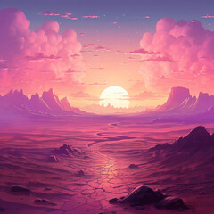 Artwork Depicting a Sunset Over a Pink Canyon