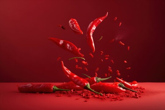 Red chili pepper falling on red background