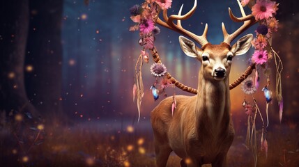 Deer with flowers and dream catcher 4k, high detailed, full ultra HD, High resolution