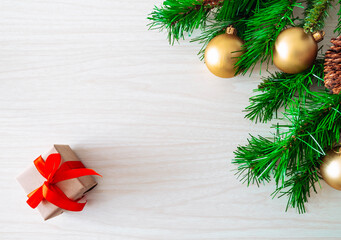 Christmas New Year gifts and decorations on white wooden table.