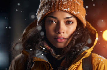 Portrait of a multiethnic woman hiker in winter