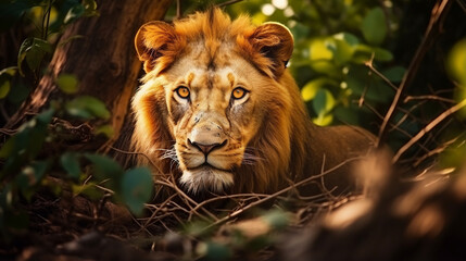 Fototapeta premium Close-up portrait of a lion in the forest