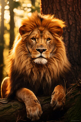 Close-up portrait of a lion in the forest
