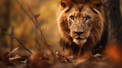 Fototapeta premium Close-up portrait of a lion in the forest