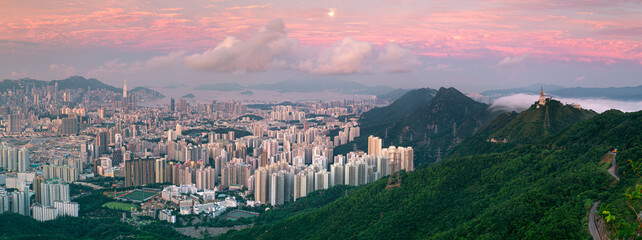 Fototapeta premium Cityscape for Hong kong city with sunset and victoria mountain