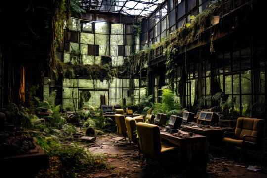 The remnants of an old office building lobby being reclaimed by nature, generative ai