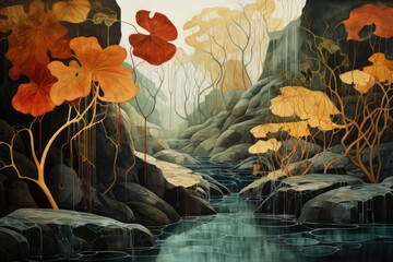 Abstraction with leaves and waterfalls