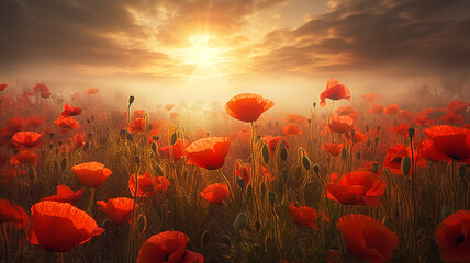 Colorful wallpaper picturing a field of poppies under rays of sunrise, warm gentle light, bright colors