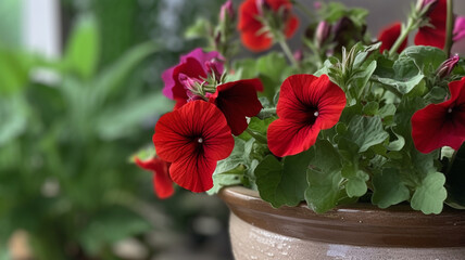 Beautiful blooming red petunia plant in a ceramic pot with more plants on background