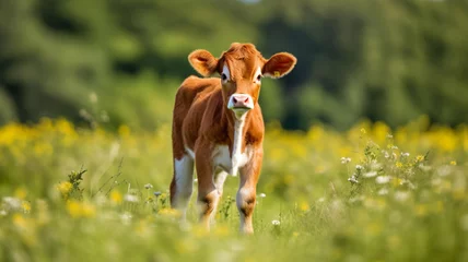 Fototapeten Illustration of young ginger and white cow calf standing in the middle of green field and looking into camera, rural background © shoer
