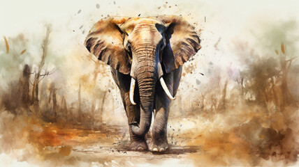 Beautiful illustration of a huge powerful elephant walking towards the camera made in watercolor style