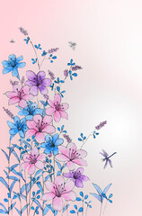 Cute hand-drawn watercolor illustration of simple purple and blue wildflowers