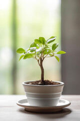 High quality illustration of small seedling in a ceramic pot standing on the table with window on background, picture full of light and life