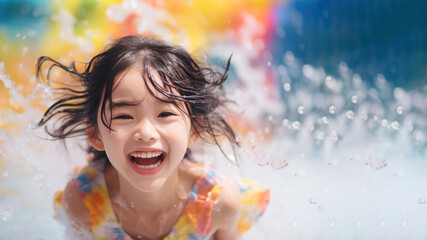 Smile girl wearing swimsuit playing water splash - obrazy, fototapety, plakaty