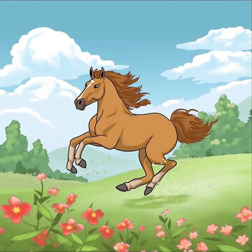 Illustration of beautiful bay horse running free through blooming meadow made in cartoon style, green field and flowers around, with trees and fluffy white clouds on background