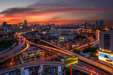 highway from roof top bar  view of Bangkok city - obrazy, fototapety, plakaty