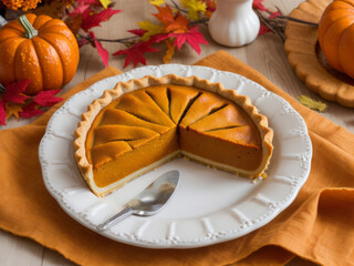 Homemade Thanksgiving pumpkin pie fall recipe, food photography and illustration, generative ai