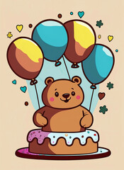 Obraz na płótnie Canvas Cute Teddy Bear with birthday balloons and a birthday cake