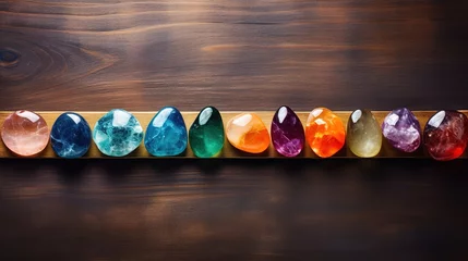 Crédence de cuisine en verre imprimé Séoul Chakra Stones Laid on Rustic Wooden Table
