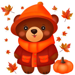 Autumn collection. A cute brown bear wearing autumn costume. Vector illustration drawing.