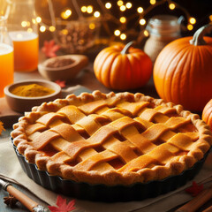 Homemade Thanksgiving pumpkin pie with lattice top fall recipe, food photography and illustration, generative ai