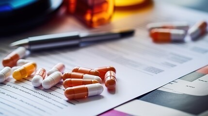 Detail View of Prescription Pad and Medication Capsules