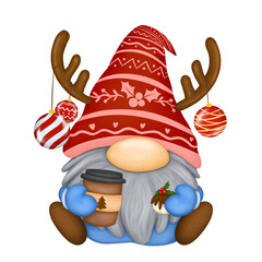 Gnome Santa Claus with Beanie Reindeer Hat in Christmas Winter Season Clipart Illustration Digital Painting. Element Decoration Art Cartoon Isolated Coffee Happy Fun Character Design Father Grandpa 